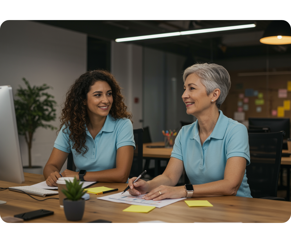 Two professionals are looking at a computer and talking